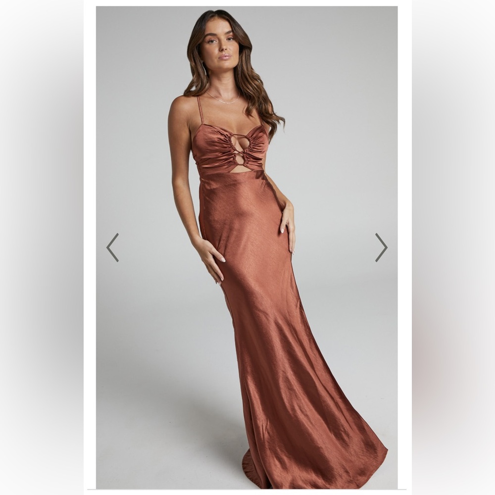 SHOWPO- MIREILLE MAXI DRESS - BIAS CUT CROSS BACK SATIN DRESS IN RUST